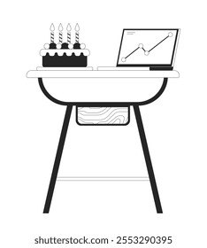 Gráfico del ordenador portátil con la torta del partido en el objeto blanco y negro de la línea 2D de la tabla. Celebrando el objetivo de ingresos. Celebración de hitos de la compañía Clip aislado Vector de arte elemento de contorno. Ilustración de punto monocromático