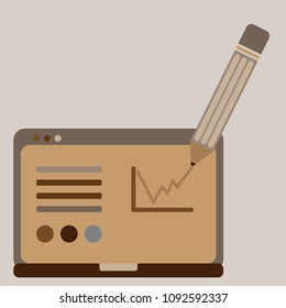 Laptop with chart and pencil on screen mornitor vector. Computer vector icon.