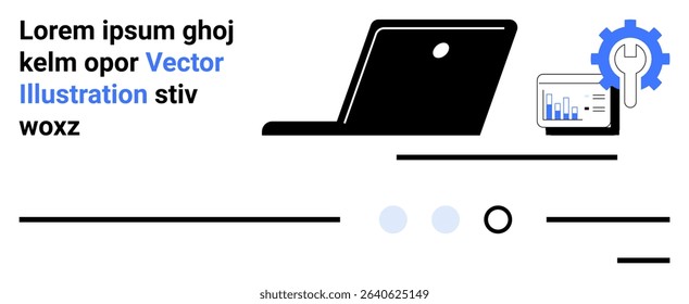 Laptop, chart with wrench, and text. Ideal for technology, business, data analysis, technical support, software development, IT services, and digital transformation themes. Landing page