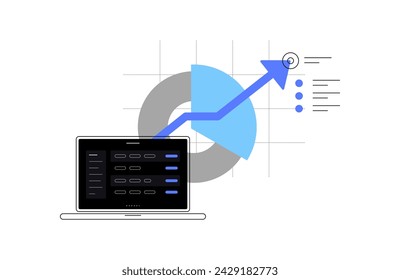 Portátil, gráficos e informe de objetivos. Estadísticas de PC y crecimiento. Ilustración plana simple. Archivo vectorial.