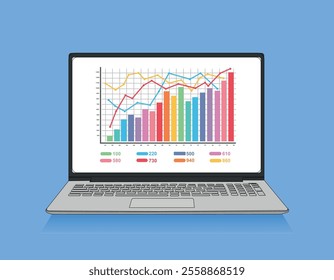 Laptop with charts and graph on screen on blue background. Analysis business accounting concept. Vector illustration design