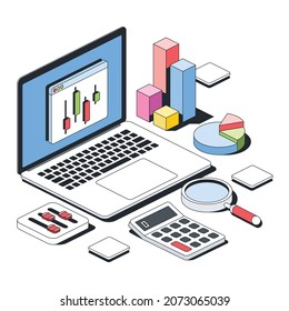 Laptop charts charts, magnifier calculator. Vector 3d sketch line isometric style, color icon illustration. Creative design idea and infographics elements.