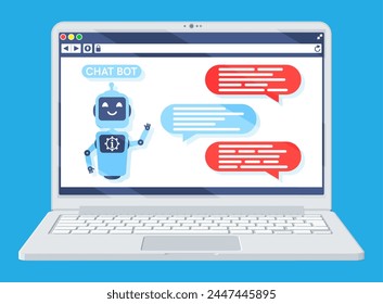 Laptop mit Chat Bot Speak in Bubble auf dem Bildschirm. Roboter mit Sprachfenster. In: Chatbot Greets. In: Online Support Bot. Künstliche Intelligenz, KI Helfer Service und Support Assistant. flache Vektorillustration