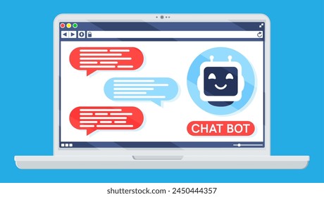 Laptop with Chat Bot Speak in Bubble on Screen. Robot with Speech Window. Chatbot Greets. Online Support Bot. Artificial Intelligence, AI Helper Service and Support Assistant. Flat Vector Illustration