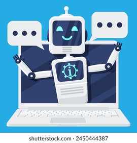 Laptop with Chat Bot Speak in Bubble on Screen. Robot with Speech Window. Chatbot Greets. Online Support Bot. Artificial Intelligence, AI Helper Service and Support Assistant. Flat Vector Illustration