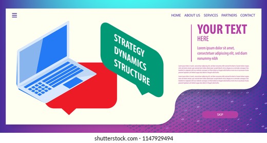 Laptop chat box speech bubble message. Data connection isometric technology. Digital vector illustration. Site page template.
