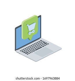 Laptop chat bubble market basket. Vector 3d isometric, color web icon, new flat style. Creative illustration design, isolated graphic idea for infographics.