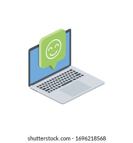Laptop chat bubble positive feedback message. Vector 3d isometric, color web icon, new flat style. Creative illustration design, isolated graphic idea for infographics.