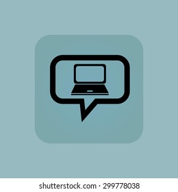 Laptop in chat bubble, in square, on pale blue background
