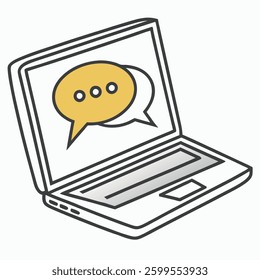 Laptop Chat Icon
- a vector icon of a laptop with a speech bubble on the screen, flat design, gray fill with yellow bubble, representing online chat.

