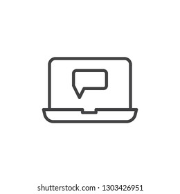 Laptop chat message screen line icon. linear style sign for mobile concept and web design. Notebook with speech bubble outline vector icon. Symbol, logo illustration. Pixel perfect vector graphics