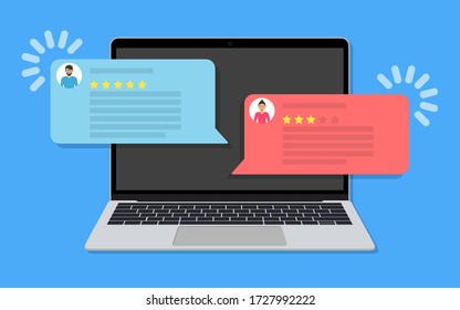 Laptop with chat messaging with customer review rating in a flat design