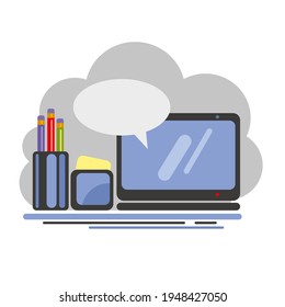 Laptop with chat on the screen. Stationery, pencils and stickers are on the table next to it. Isolated on white background.