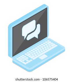 Laptop with chat symbol, isolated on white.