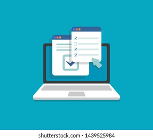 Laptop and check boxes with check mark. Checklist, white tick on laptop screen