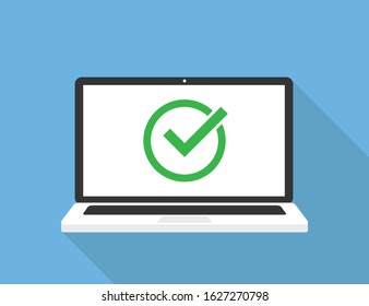 Laptop and check green mark. Vector technology design. White screen. Roung green tick icon. Successful update or accept. EPS 10