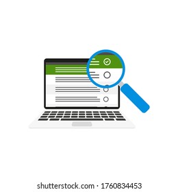 documento de la lista de comprobación del portátil bajo una lupa. Ilustración vectorial plana para el diseño web.