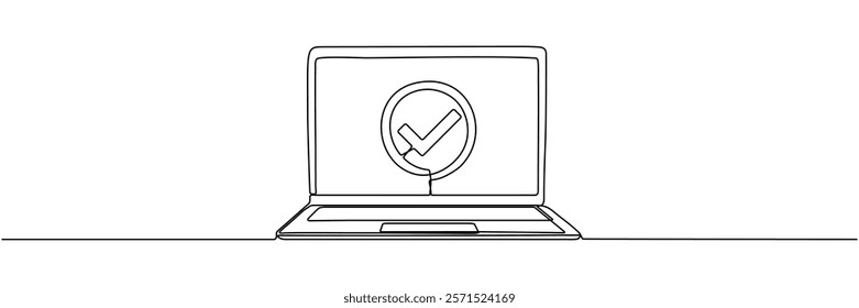 Laptop with check mark continuous line drawing. Vector illustration isolated on white.