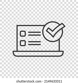 Laptop check mark icon in flat style. Computer approval vector illustration on white isolated background. Confirm business concept.