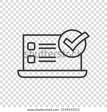 Laptop check mark icon in flat style. Computer approval vector illustration on white isolated background. Confirm business concept.