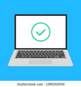 Laptop with check mark icon on screen. Computer with green checkmark line icon. Flat design. Vector illustration