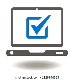 Laptop Check Mark Icon Vector. Mobile Computer Online Voting Illustration. Testing Logo. Digital Compliance Symbol. Examining Sign.