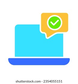Laptop with check mark line icon. Confirmation, verification, touchpad, technology, screen, keyboard. Vector colored icon on a white background for business