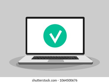 Laptop and check mark. Notebook and round green tick icon, checkmark on white screen. Successful update, accept, ok button, task completed concepts.  Vector illustration