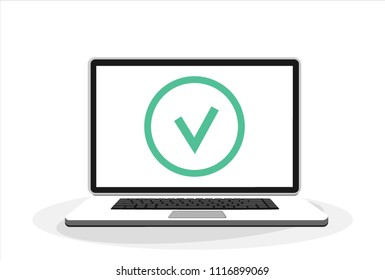 Laptop and check mark. Notebook and round green tick icon, checkmark on white screen. Successful update, accept, ok button, task completed concepts. Vector illustration