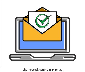 Laptop and check mark. Notebook and round green tick icon, checkmark on white screen. Successful update, accept, ok button, task completed concepts. 