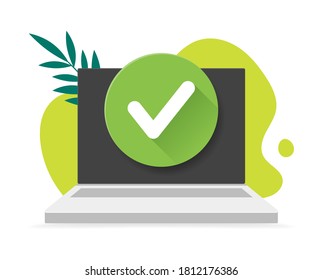 Laptop with check mark on backdrop scribble and leaves. Vector flat illustration. Security icon. Approved choice, task completed, updated or download completed, accept or approve check mark.