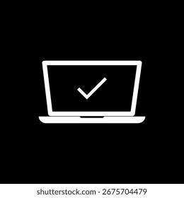 Laptop and check mark, simple icon isolated on black background