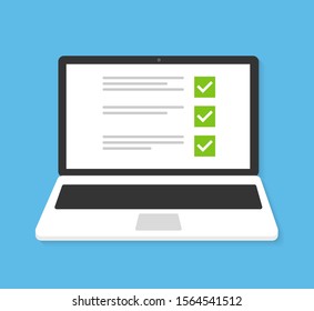 Laptop with checkbox screen. Flat icon vector
