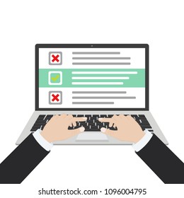 Laptop and checkboxes with check mark. Checklist, white tick on laptop screen. Choice, survey concepts. Modern flat design graphic elements for web banners, websites, infographics. Vector illustration