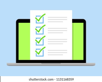 Laptop and checkboxes with check mark. Checklist, white tick on laptop screen. Choice, survey concepts. Modern flat design graphic elements for web banners, websites, infographics. Vector illustration