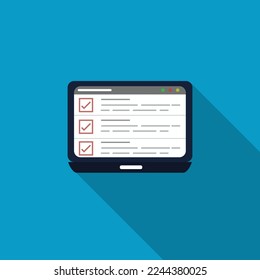 Laptop and checkboxes with check mark. Checklist, white tick on laptop screen. Choice, survey concepts. Modern flat design vector illustration stock illustration