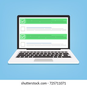 Laptop and checkboxes with check mark. Checklist concept. Vector flat cartoon illustration