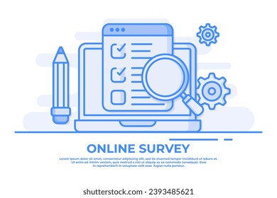 Laptop with checklist, browser with checkboxes, magnifying glass, and pencil, Online survey flat illustration for web banner, website, infographics