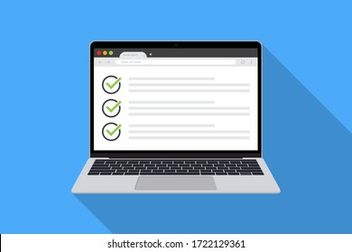 Laptop with checklist in browser page in a flat design with long shadow