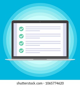 Laptop with checklist with check mark. Ticks in the circle on the screen. Concept of choice, online survey for your business needs: web banners, sites, presentations. Flat design vector illustration