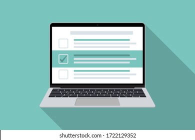 Portátil con lista de comprobación en un diseño plano con gran sombra. Lista con casillas de verificación