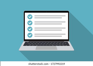 Laptop with checklist in a flat design with long shadow. List with checkboxes