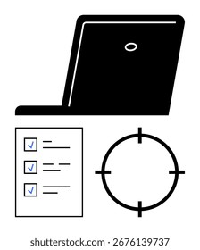Notebook, lista de verificação com tarefas marcadas e marca de destino simbolizam produtividade e foco. Ideal para aplicativos de produtividade, gerenciamento de tarefas, definição de metas, planejamento de projetos, estratégias de negócios, produtividade