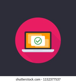 Laptop with checkmark, accept notification, vector flat icon