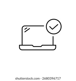 Notebook e marca de seleção. Conta verificada, acesso seguro aos dados. Pixel perfeito, ícone de vetor de traçado editável