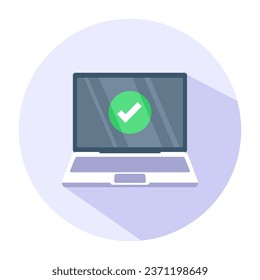 Portátil con marca de verificación. Icono de diseño plano con sombra larga. Ilustración vectorial de portátiles