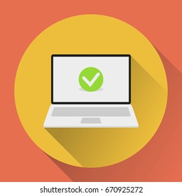 Laptop with checkmark. Flat design icon with long shadow. Laptop vector illustration