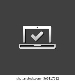 Laptop with checkmark icon in metallic grey color style.  Computer security