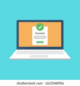 Laptop with checkmark notification vector illustration, flat cartoon of laptop with approved choice, idea of task done, updated or download complete.