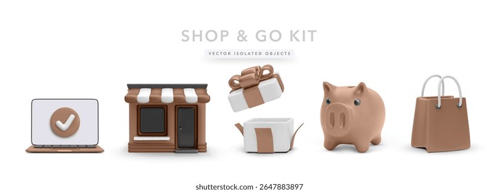 Laptop With Checkmark, Shop Building, Open Gift Box, Piggy Bank, and Shopping Bag in Clean 3D Style for Online Purchase, Savings, and Retail Projects. Vector Illustration.